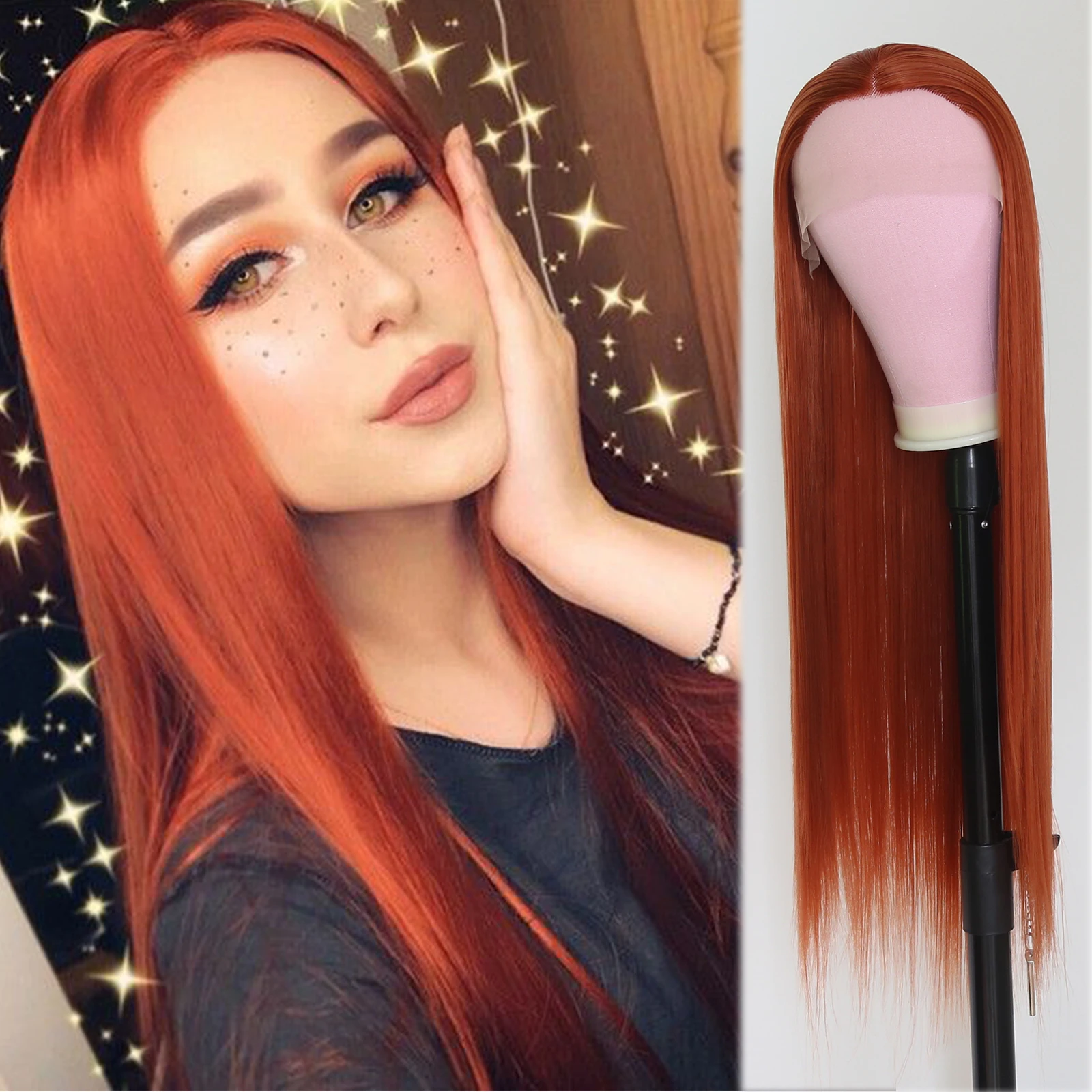 

BTWTRY Copper Red Lace Front Wig Long Straight Reddish Brown Silky Heat Resistant Synthetic Lace Front Wigs for Black Women