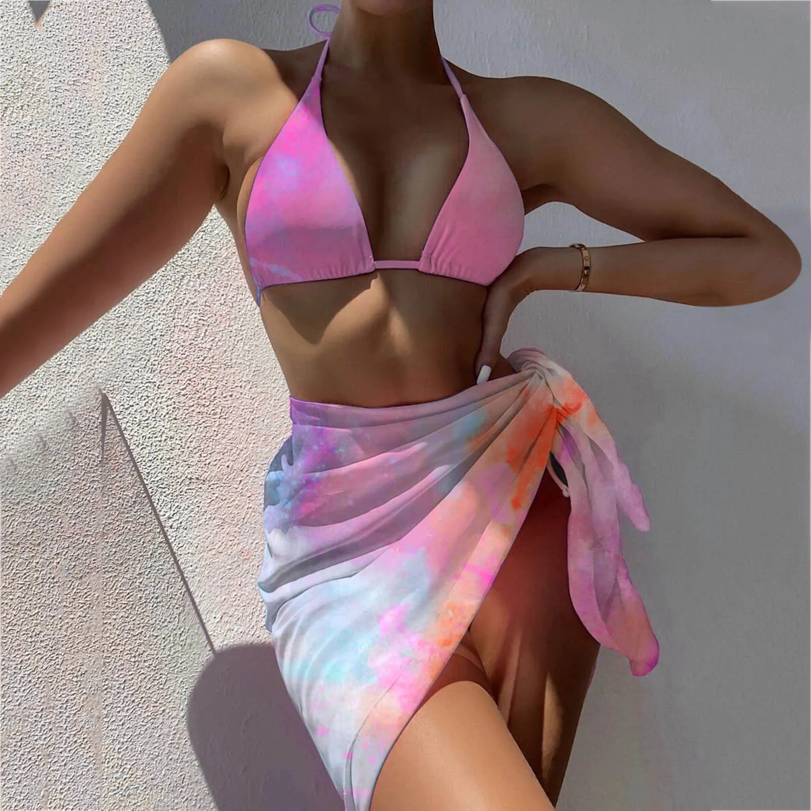 

Sexy Tie Dye Print Swimsuit 3 Pieces Mesh Bikini Set Triangles Micro Bandage String Halter Swimwear Women Low Waist Bathing Suit