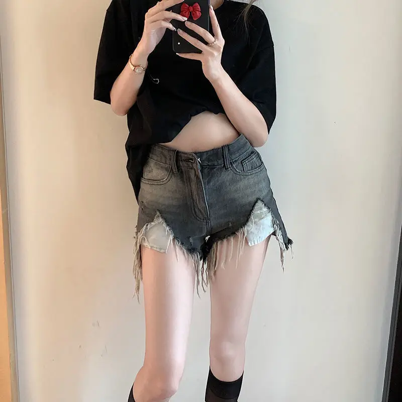 Broken Holes Splicing Tassel Denim Shorts Women's High Waist Button Slim Straight Short Pants Female Jeans Pantalones