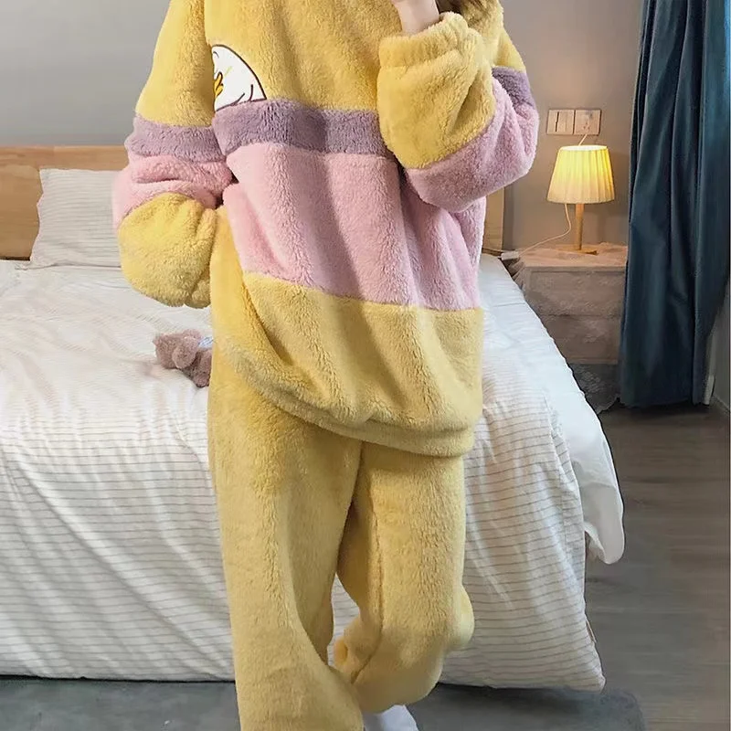 2022 New Pajamas Sets For Women Winter Thick Warm Flannel Sleepwear Round Neck Long Sleeve Trousers Pijama Suit Female