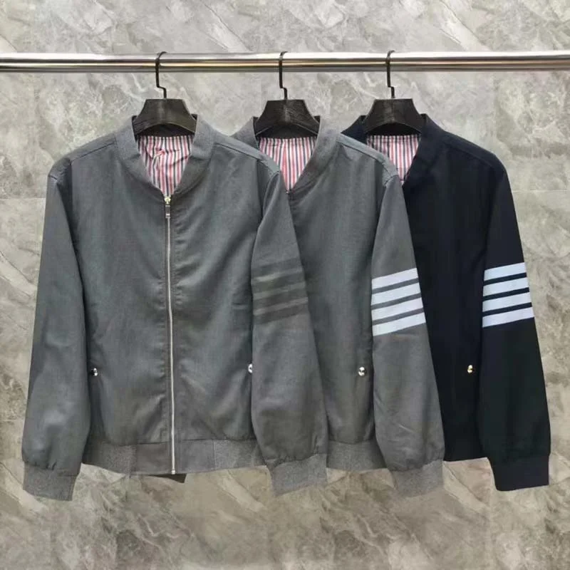 

THOM Men's Bomber TB Casual Fall Winter Military Jacket and Coats Outwear Merino Wool Tonal White 4-Bar Stripe Clothing