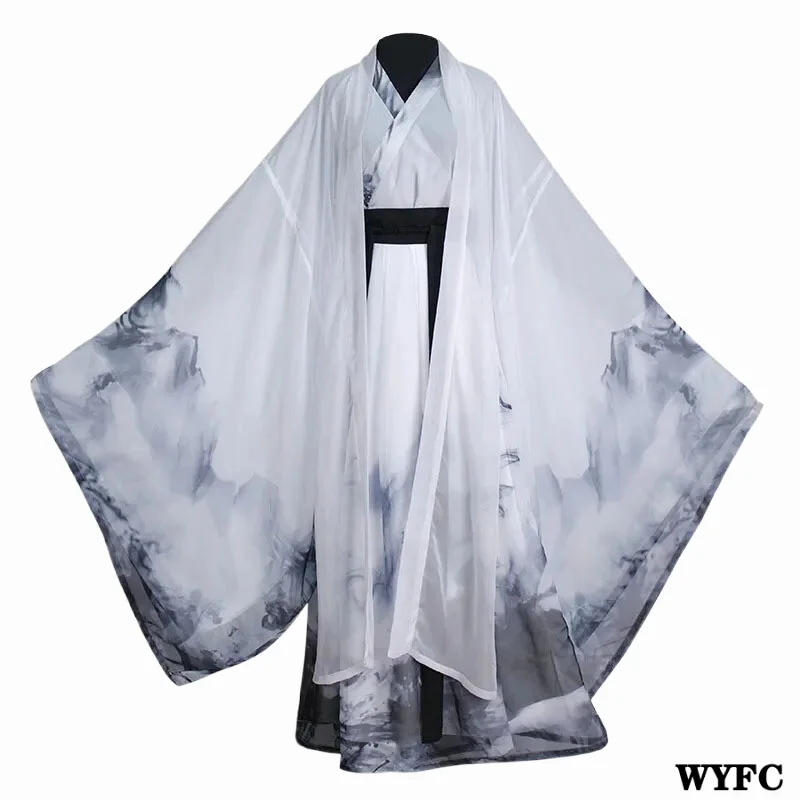 

Оригинальная женская рубашка Hanfu с длинным рукавом и юбка в стиле Вей и Цзинь чернильная роспись с широкими рукавами для пар осень и зима для...