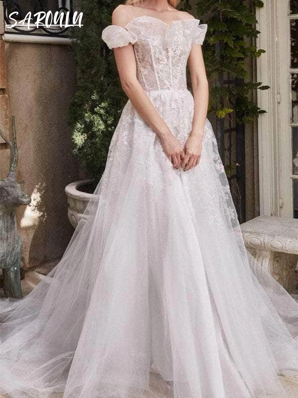 

Off-Shoulder Lace Applique Wedding Dress A-Line Corset Bridal Gown Mid-Open Back Cap Sleeve Wedding Gown Abito Da Sposa