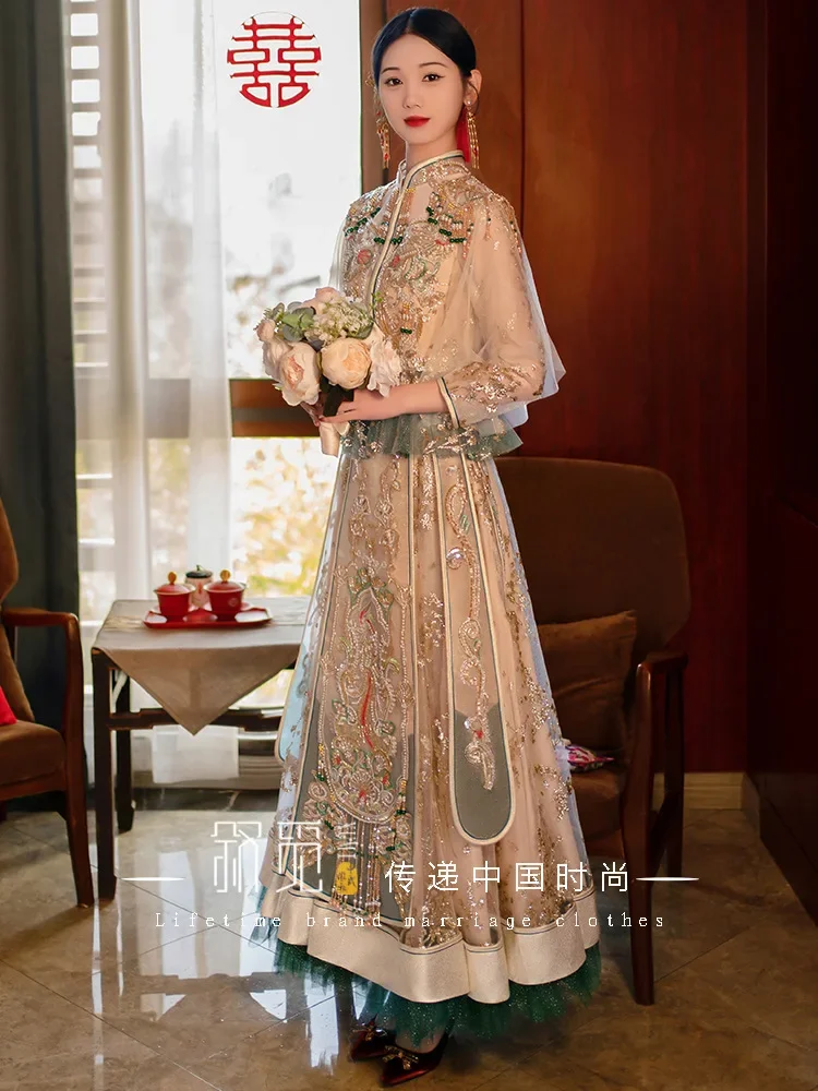 Осеннее тонкое платье Xiuhe цвета шампанского с жемчужинами и блестками свадебное