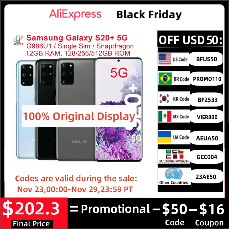 

Samsung Galaxy S20 Plus S20+ 5G G986U1 6.7" AMOLED 128/256/512GB ROM 12GB RAM Snapdragon 865 NFC Original Cell Phone