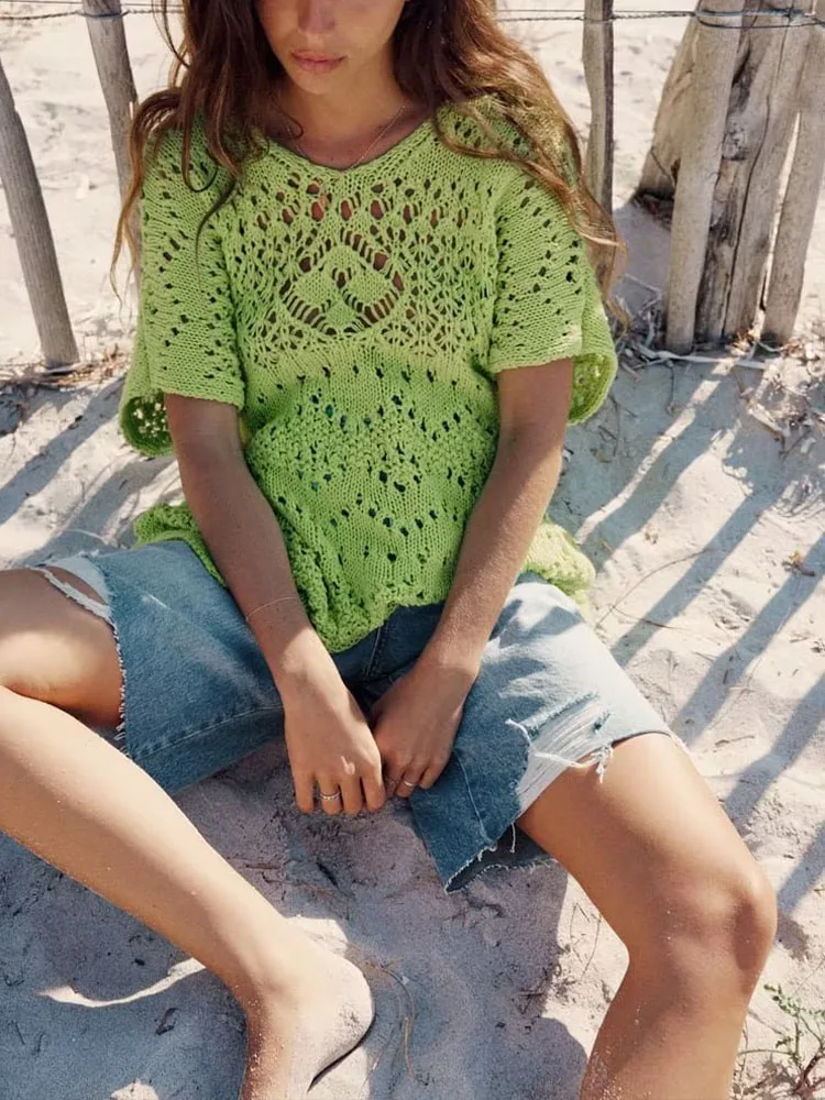 

New women's summer fashion casual hollow round neck vacation street jacquard mesh knitted loose short-sleeved top