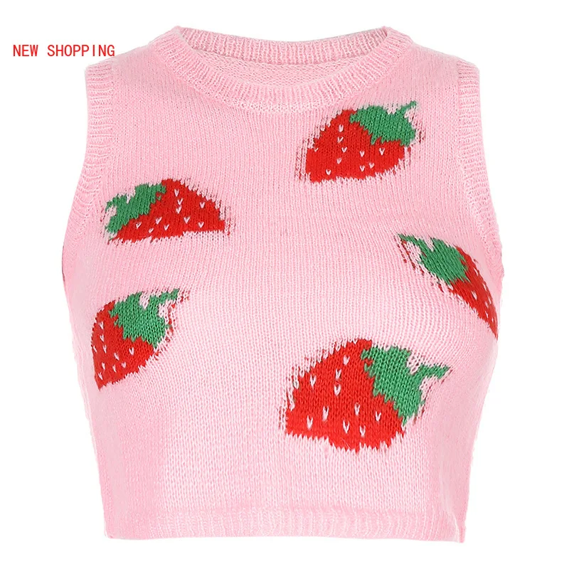 

Cute Sweet Strawberry Print Vests Y2K Sexy Sleeveless Knitted Vest Knitwear Vintage O-neck Pink Cropped Sweater 90s Streetwear
