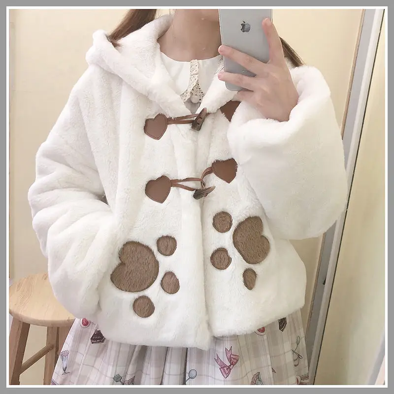 Japanese Sweet Autumn Winter Coats Girly Rabbit Ears Warm Soft Plush Hooded Jackets Outwear Lolita Coats White Kawaii Cute Tops