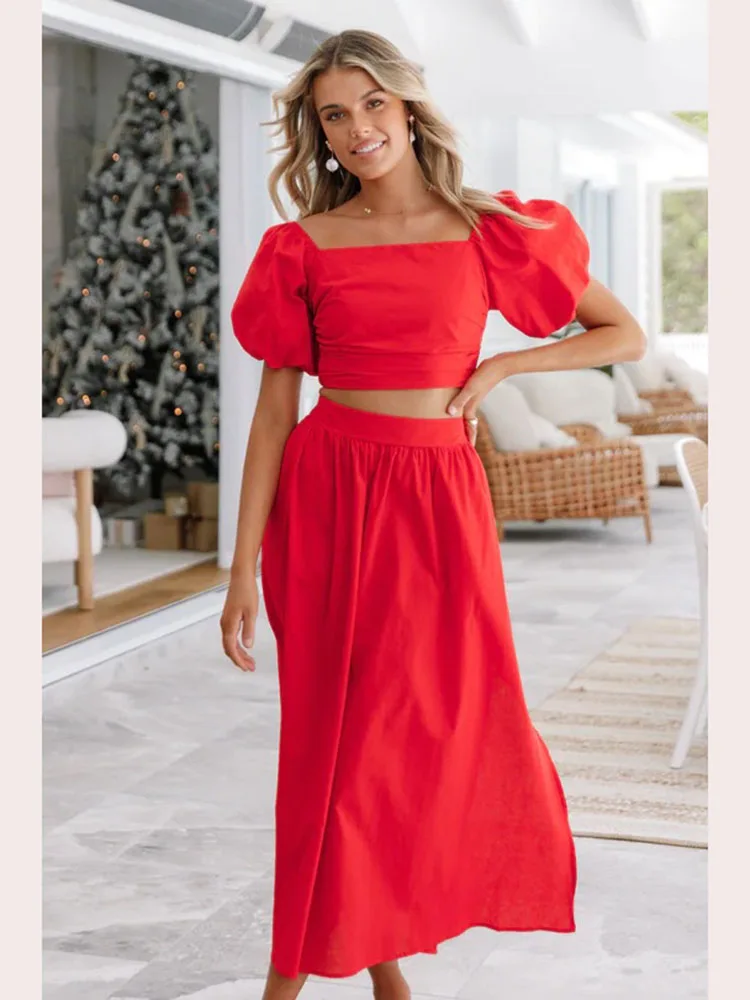 

Summer Women Red Party Dress 2 Piece Set Fashion Top Square Collar Button Casual Sets Elegant Holiday Female Dress 2 Piece Set