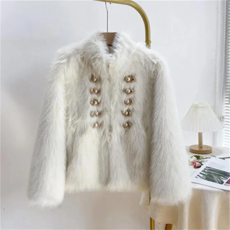 New imitation fox fur jackets womens coat female clothes British style fashion gold wire buckle winter young retro white