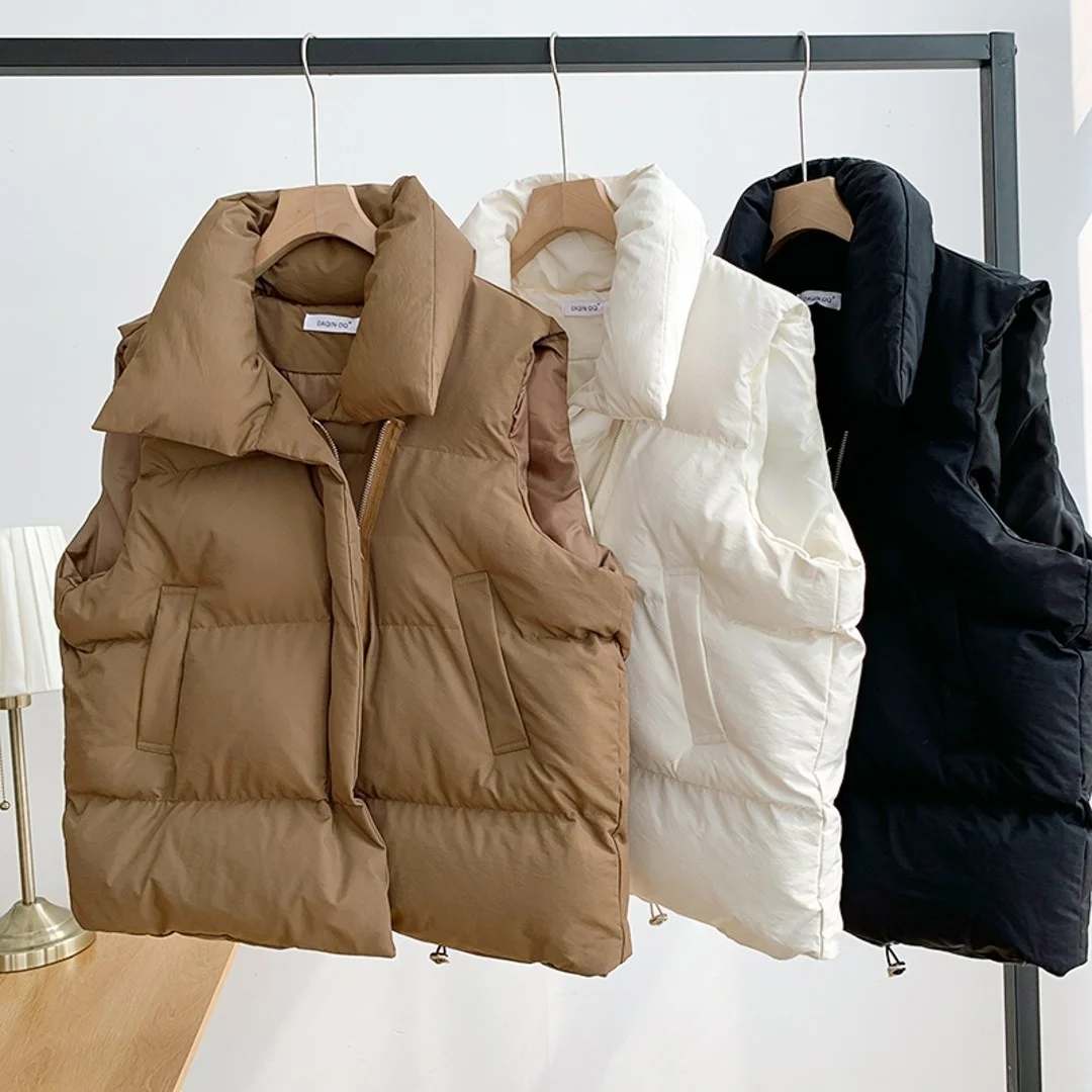 Women's Autumn Winter Korean Fashion Cotton Puffy Vest Stand Collar Sleeveless Coat Vest Warm Jacket