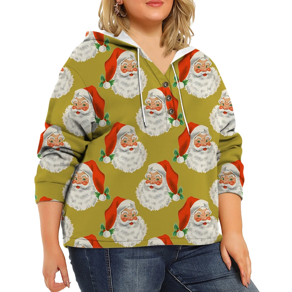 

CLOOCL Women Hoodie Santa Claus Printed Long Sleeve Button Drawstring Street Fashions Hooded Tops Femme Clothing 2023