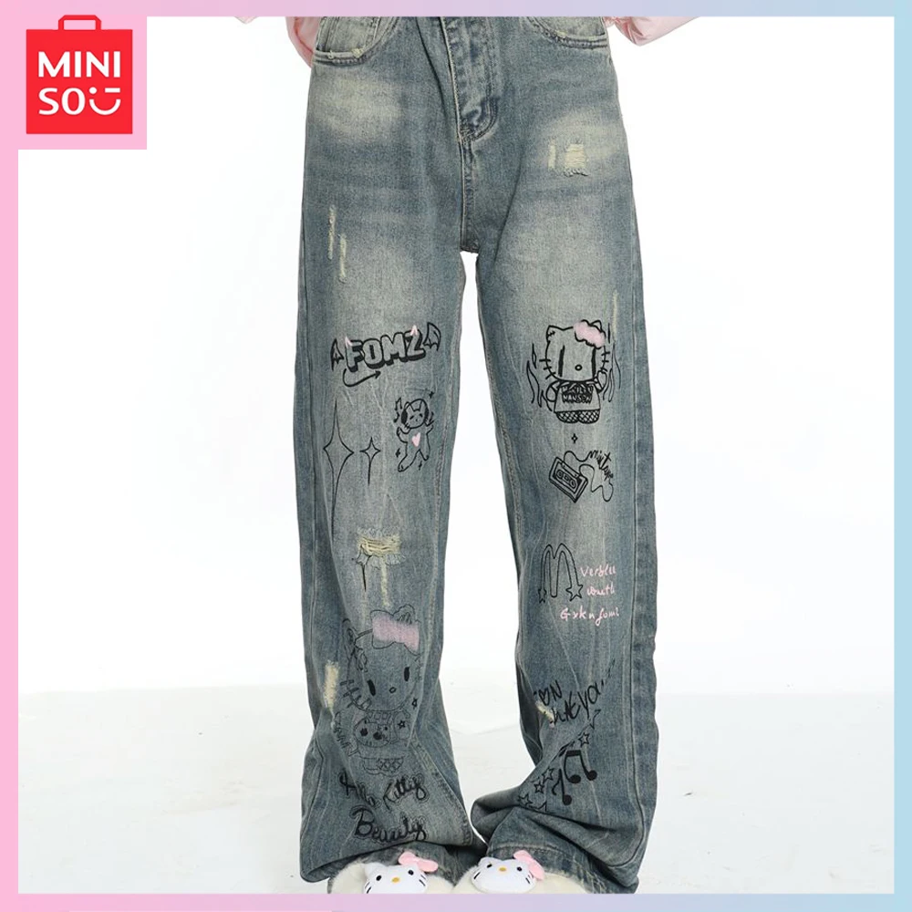 

Miniso Fashion All-In-One Graffiti High-Waisted Slimming Straight Leg Jeans Womens Baggy Wide-Leg Hellokitty Floor-Length Pants