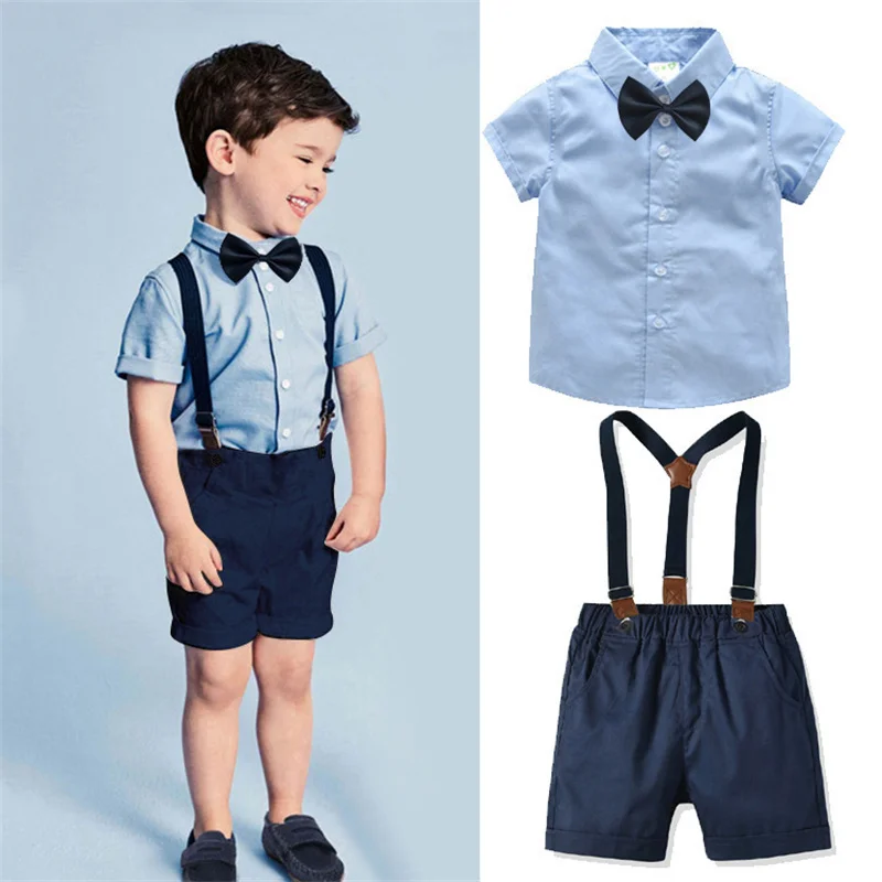

England Gentleman Bow Sky Blue Shirt + Suspender Navy Shorts 2 Piece Set Outfit Summer Short Sleeve Children Baby Boy Clothing