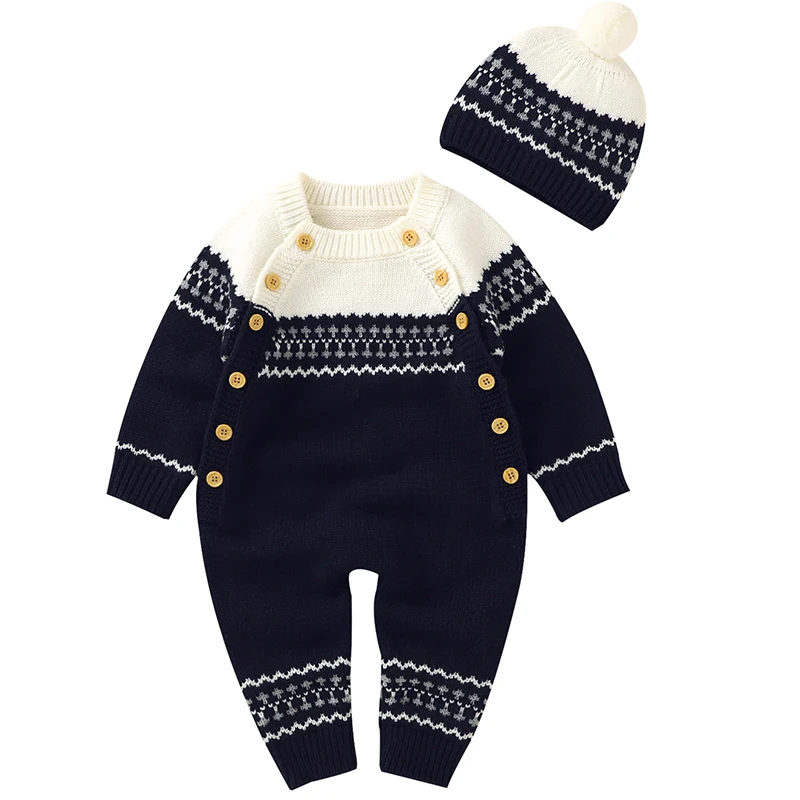 2022 Baby Rompers Knitted Print Pattern Newborn Boy Girl Jumpsuits Cap Outfit Set Autumn Winter Toddler Infant Overall Clothes