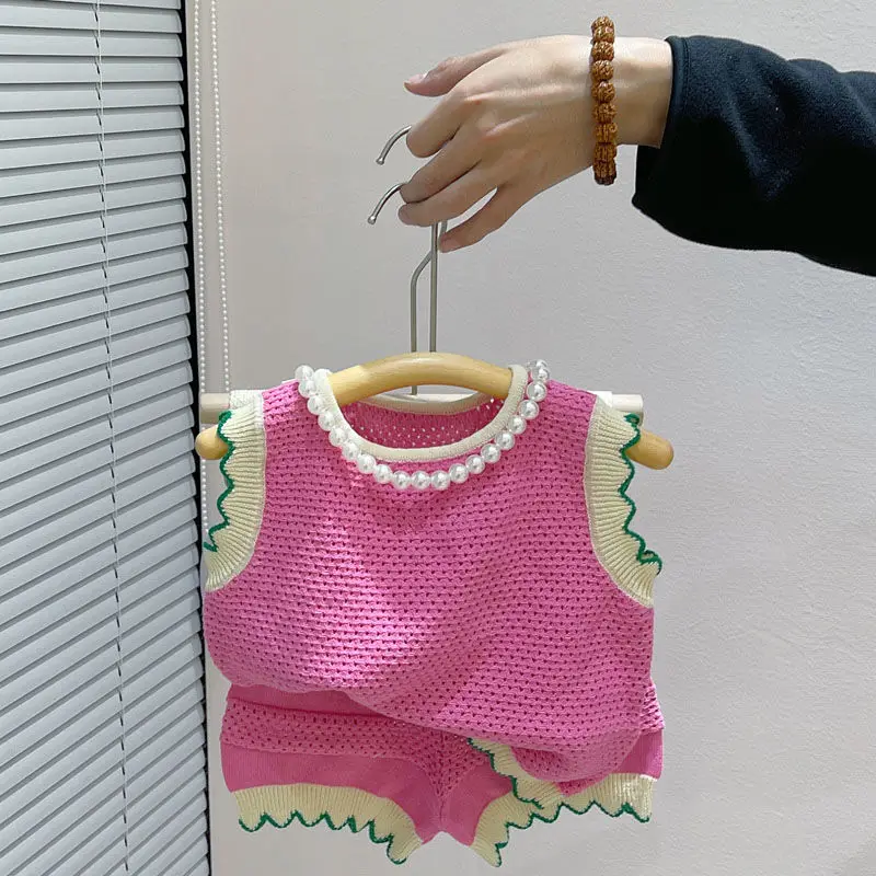 

Children's Clothes - Girl Baby Pink Princess Set - Pink Hollow out Knitted Top+Lace Shorts Two Piece Set Summer 2023
