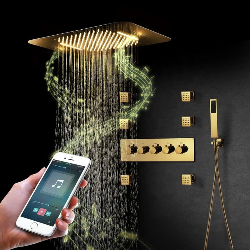 

Bathroom Ceiling 58*38cm rain and waterfall LED music shower head brass main body thermostatic Brushed gold shower System set