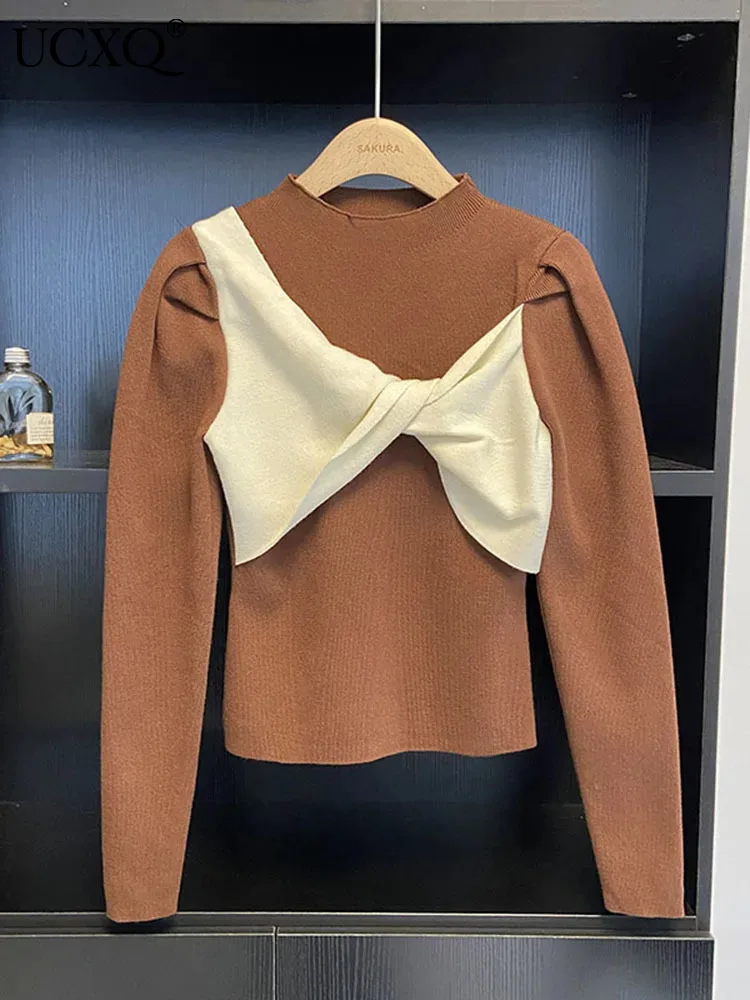 

UCXQ Twisted Big Bow Contrast Color Fake Two Piece O Neck Knitted Long Sleeve Pullover Women's Blouse 2023 Autumn Winter 23A6167