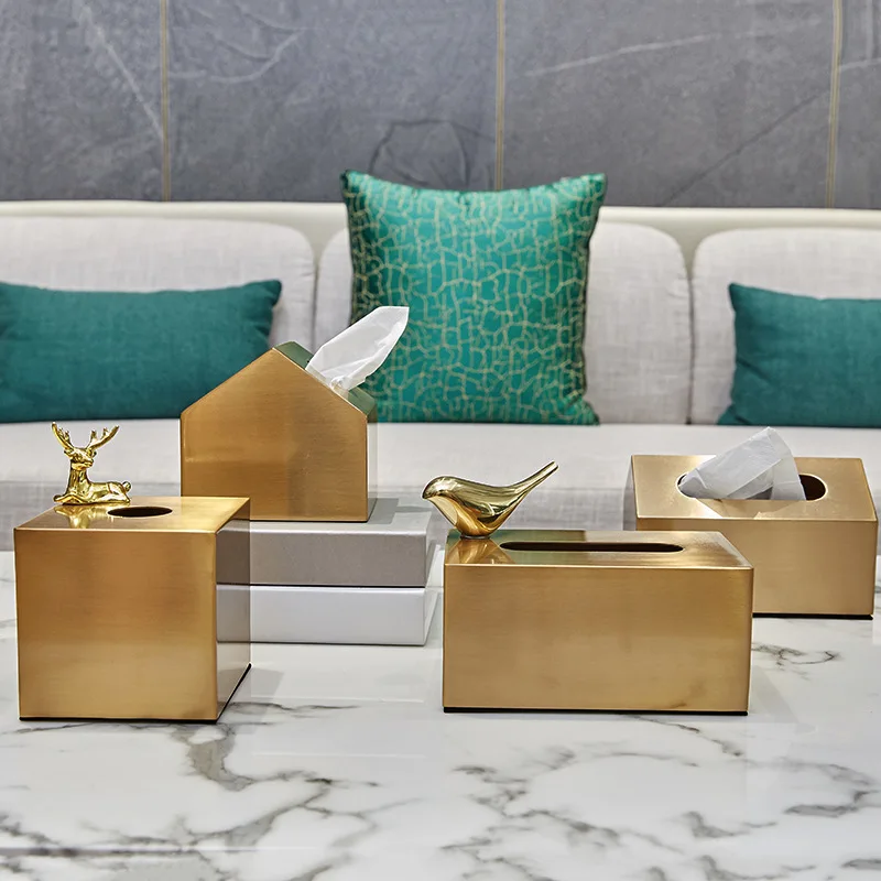 

European Luxury Brass Tissue Box Golden Creative Geometric Square House Storage Canister Living Room Table Modern Home Decor