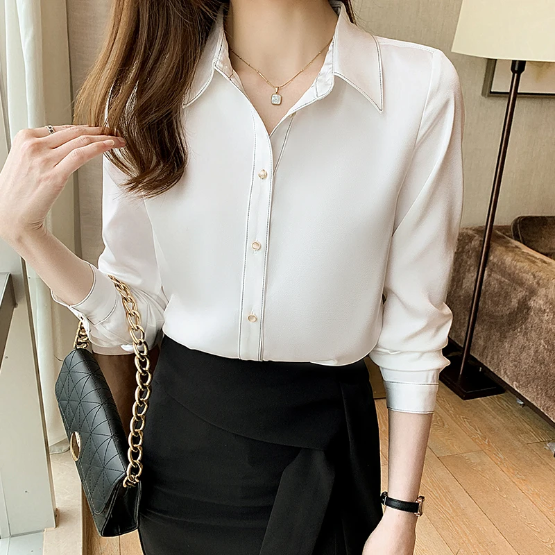 

2022 Spring And Autumn French Fashion Style White Women Shirt Long-sleeved Women Tops Polyester Turn-down Collar Solid Shirts