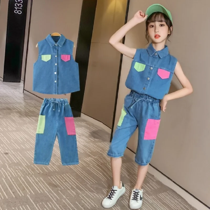 

Girls Denim Clothing Set 2021 New Summer Kids Leisure Clothes Active Sets Children's Fashion Coat Patchwork Color Size4-14 ly164