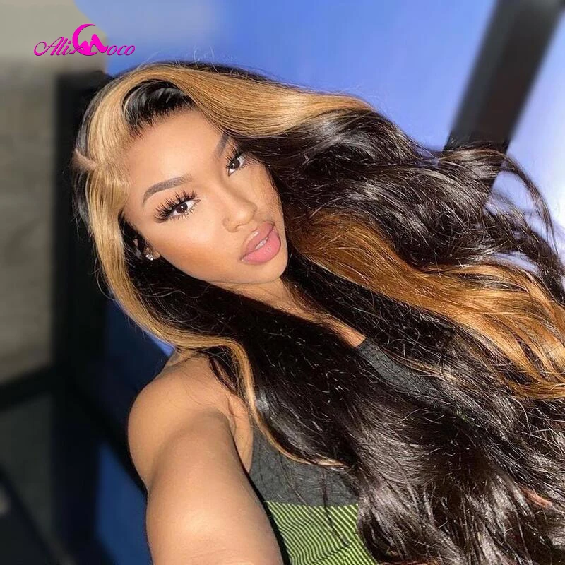

Black With Blonde Lace Front Body Wave Wigs 180% Density Lace Frontal Human Hair Wig For Women 1B 27 Transparent Lace Remy Wig