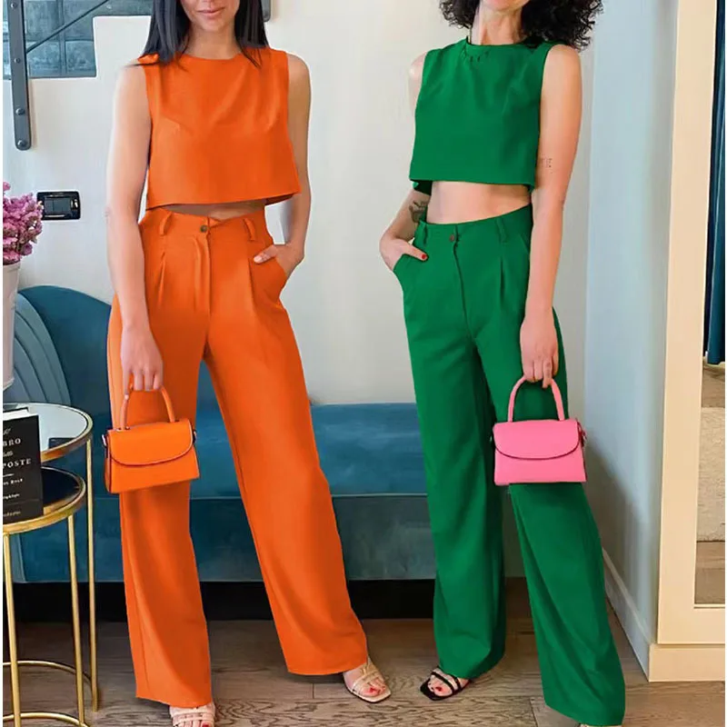 

2023 Women's Fashion Two-piece Set Of Solid Color Round Neck Tank Top Female Flared Pants 2 Piece Sets Women Outfit