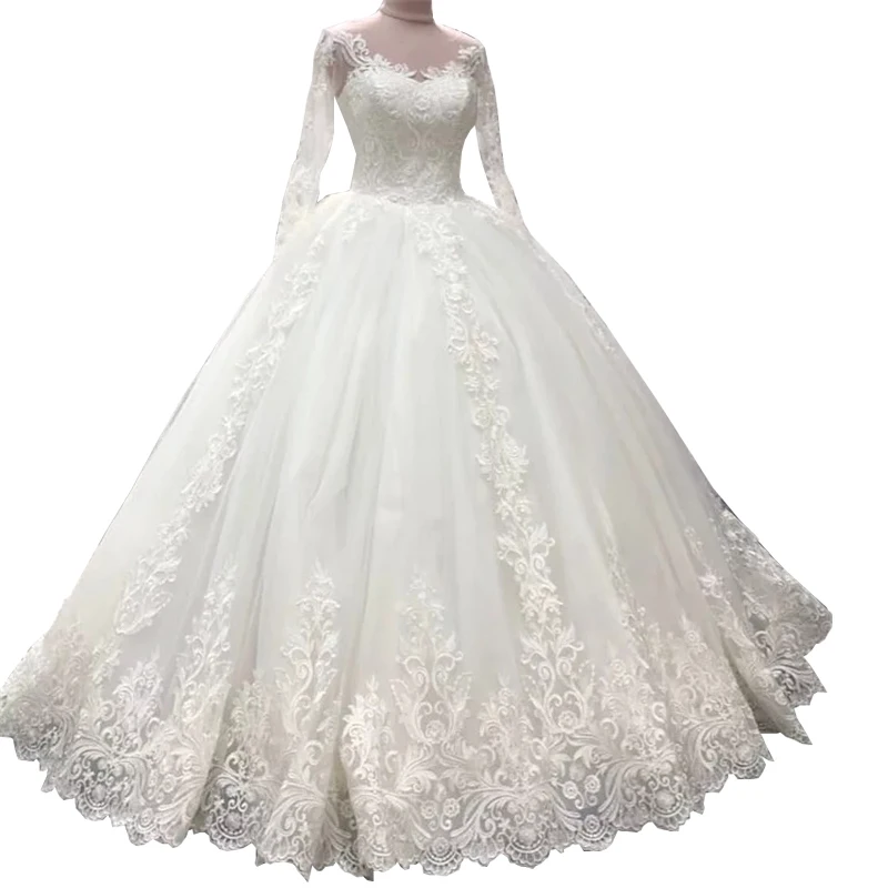 

Luxury Lace Embroidery Wedding Dress O-neck Long Sleeve Wedding Gowns Vestido De Noiva Lace Up With Train Princess Bride Dress