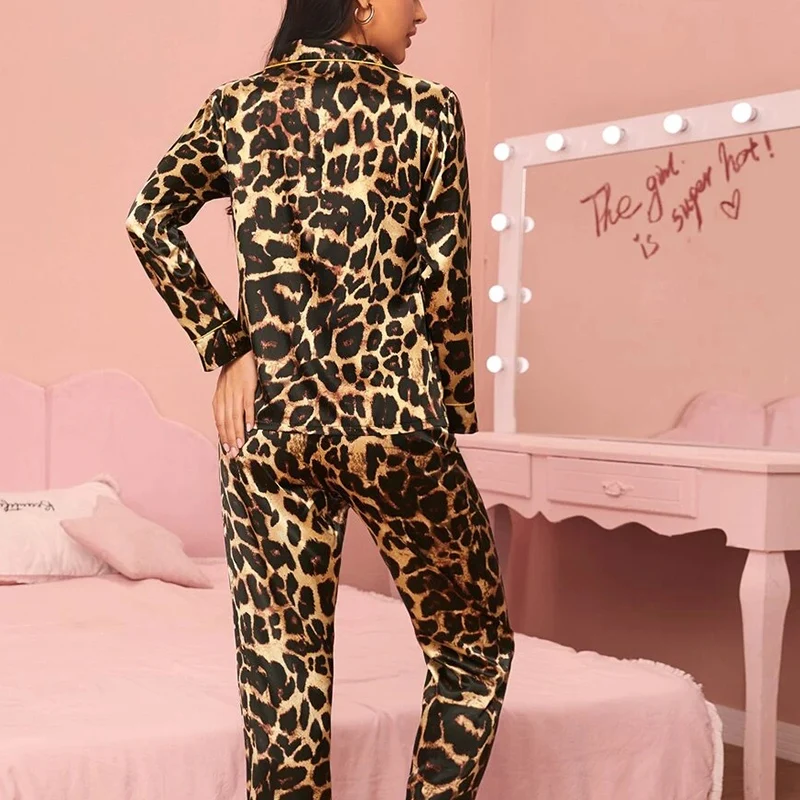 Sexy Leopard Print Pajamas Summer Women Long Sleeves Trousers Suit Sweet Women's Home Service Two-piece Suit Pajamas Woman