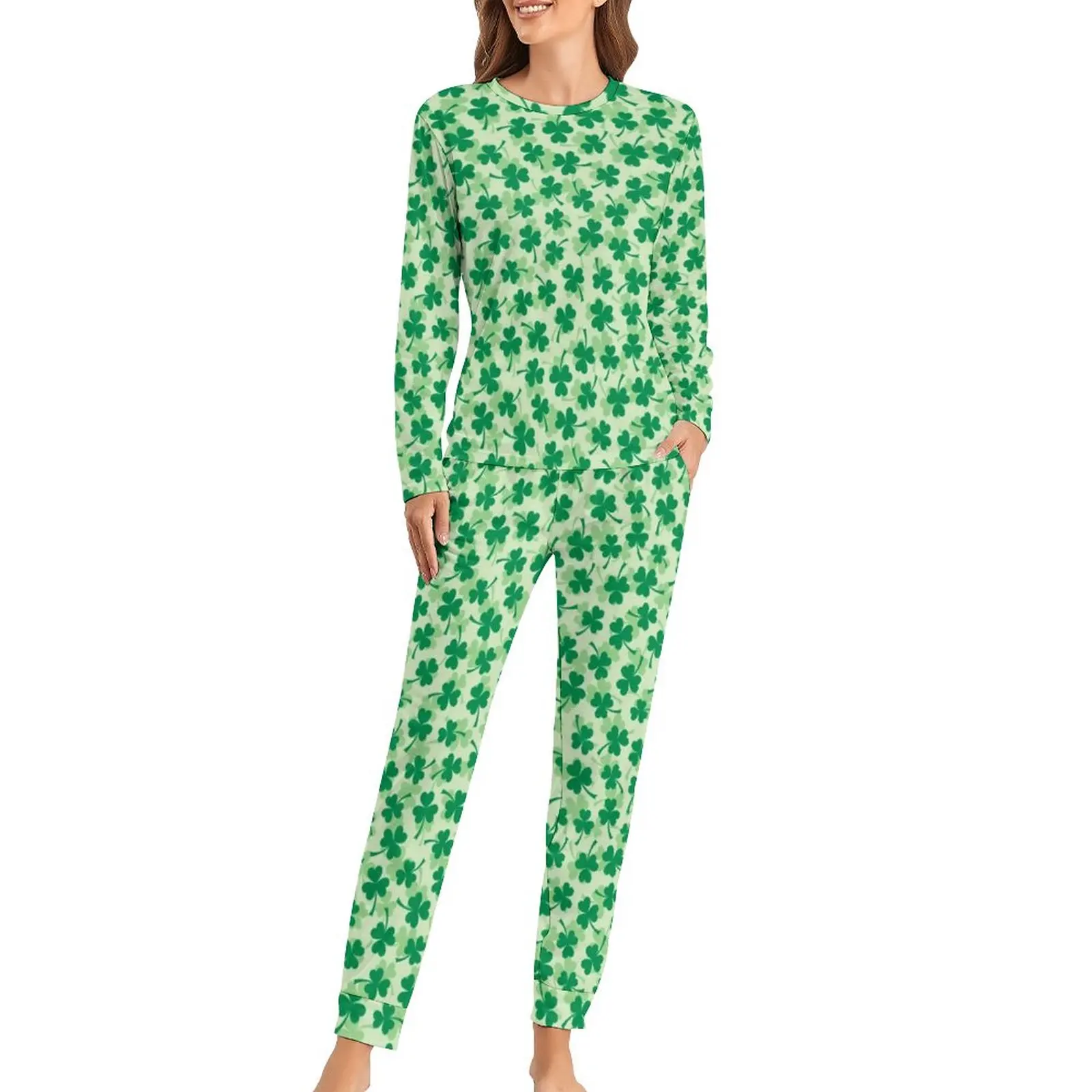 

Green St Patricks Day Pajamas Three Leaf Print Fashion Pajama Set 2 Pieces Loose Oversize Nightwear Female Graphic Home Suit