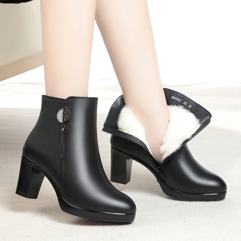 AIYUQI Women Winter Boots Genuine Leather 2023 New High Heel Dress Women Boots Warm Wool Office Women's Booties