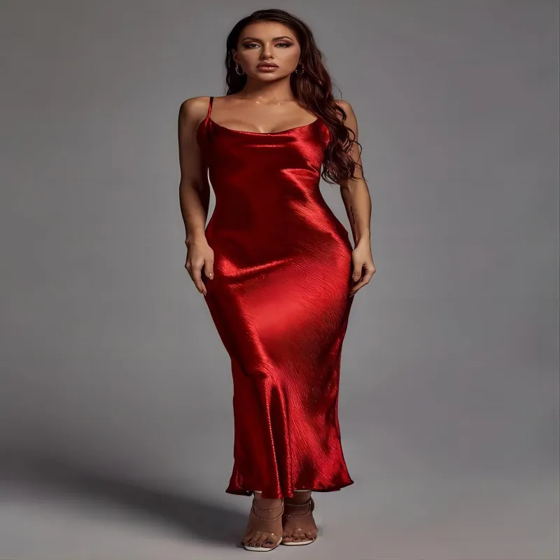 

New Women's Solid Color Satin One-Line Neck Halter Halter Sexy Lace-Up Dress Slimming Fashion Elegant Party Dress One-Step Dress
