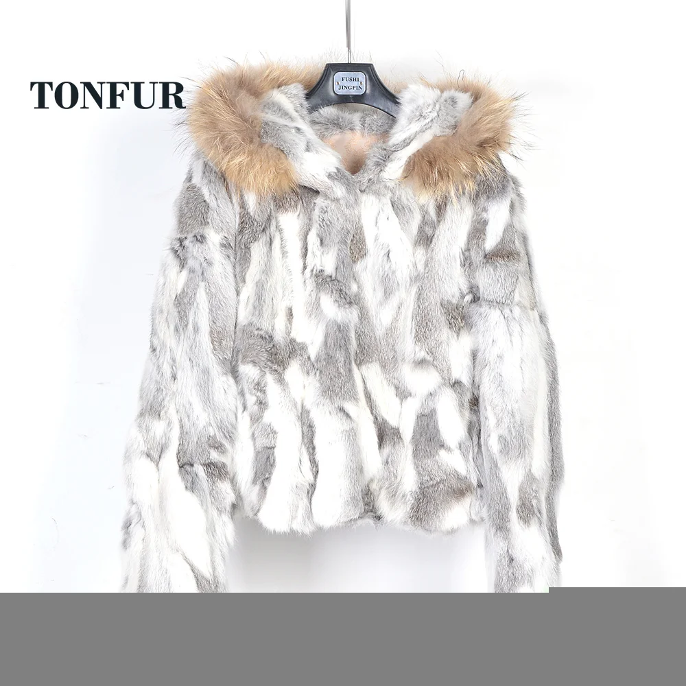 

Real Fur Genuine Rabbit Fur Coat with hood Jacket and Luxury Natural Real Raccoon Fur Collar Hood waistcoat overcoat WSR262