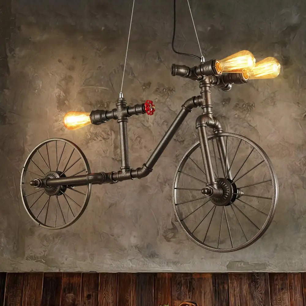 

Vintage Industrial Pendant Light Fixtures Retro Loft Chandeliers Unique Antique Steampunk Bicycle Wrought iron Water Pipe Lamp