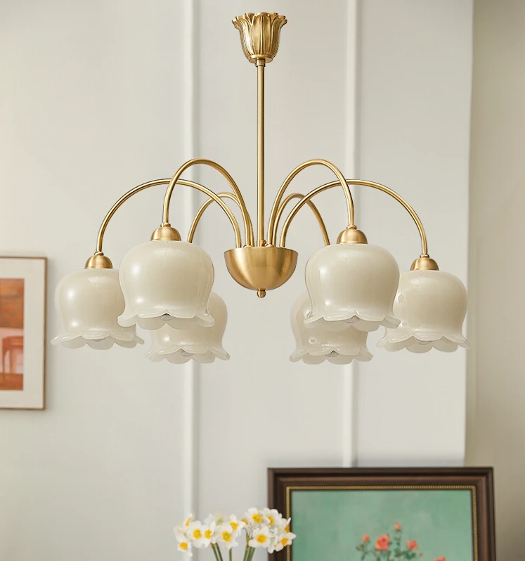 

All-copper bedroom chandelier retro American cream Lily of the Valley living room dining room European chandelier