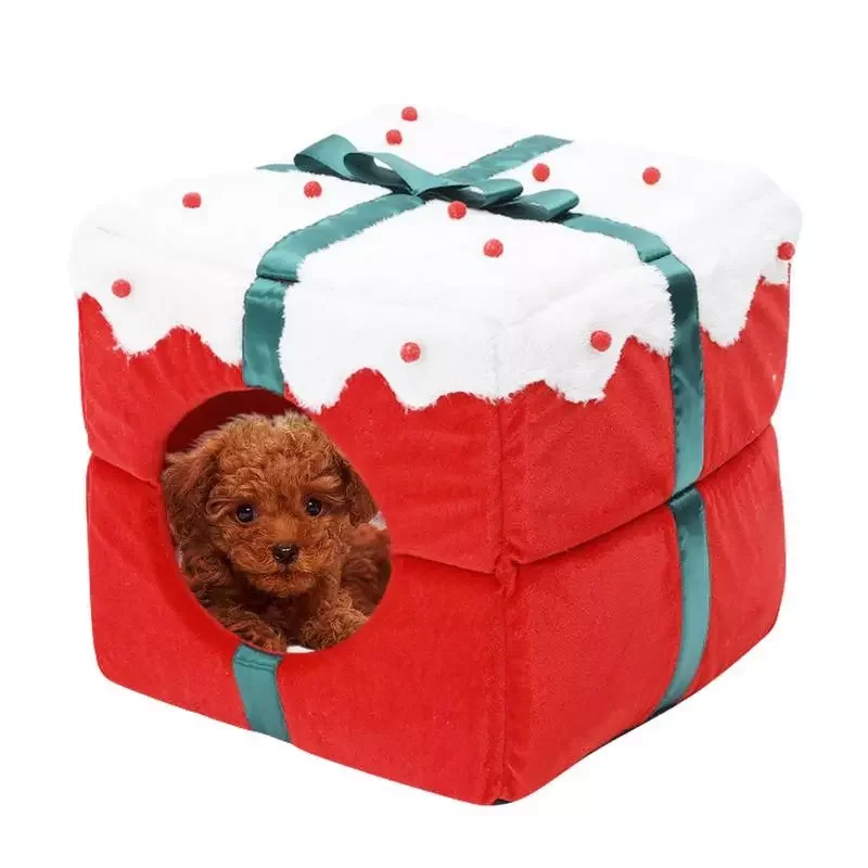 

Small Christmas Pet Bed Winter Washable And Soft Dog Bed Cute Self-Warming Comfortable Square Pet Condo Tents For Christmas Dogs