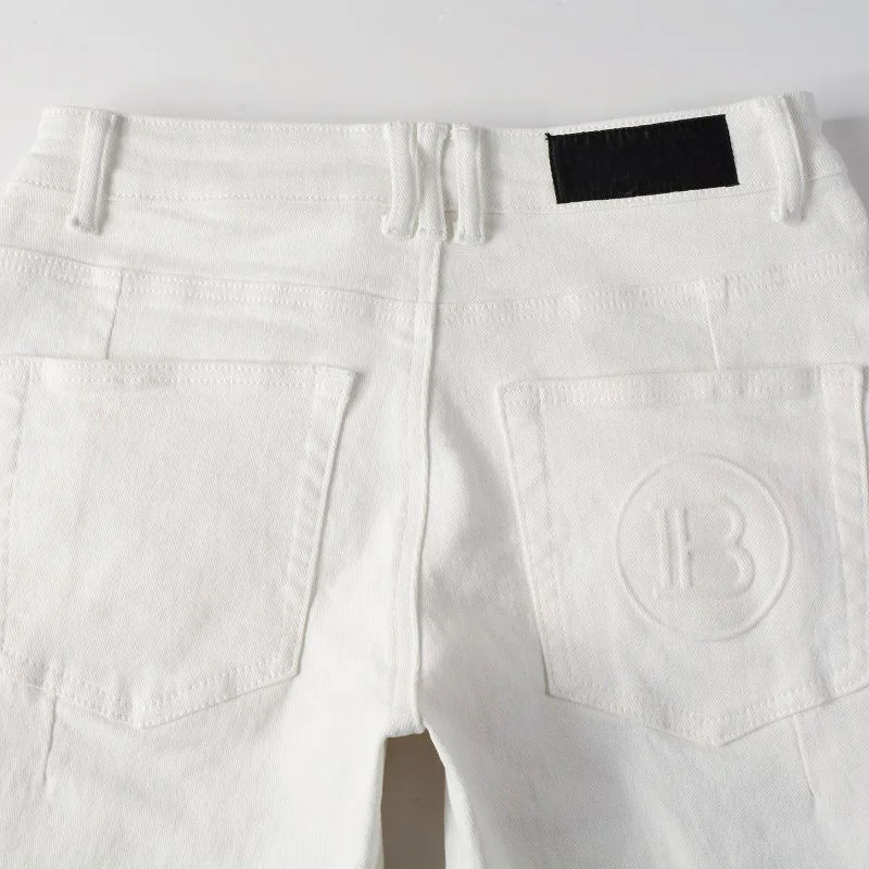 High Street Fashion Brand Destroyed Bandana Pants Men Ribs Patches Distressed Skinny Stretch White Slim Fit Ripped Zipper Jeans