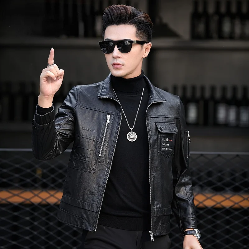 

Мужская байкерская куртка из натуральной воловьей кожи с воротником-стойкой, Gmm658