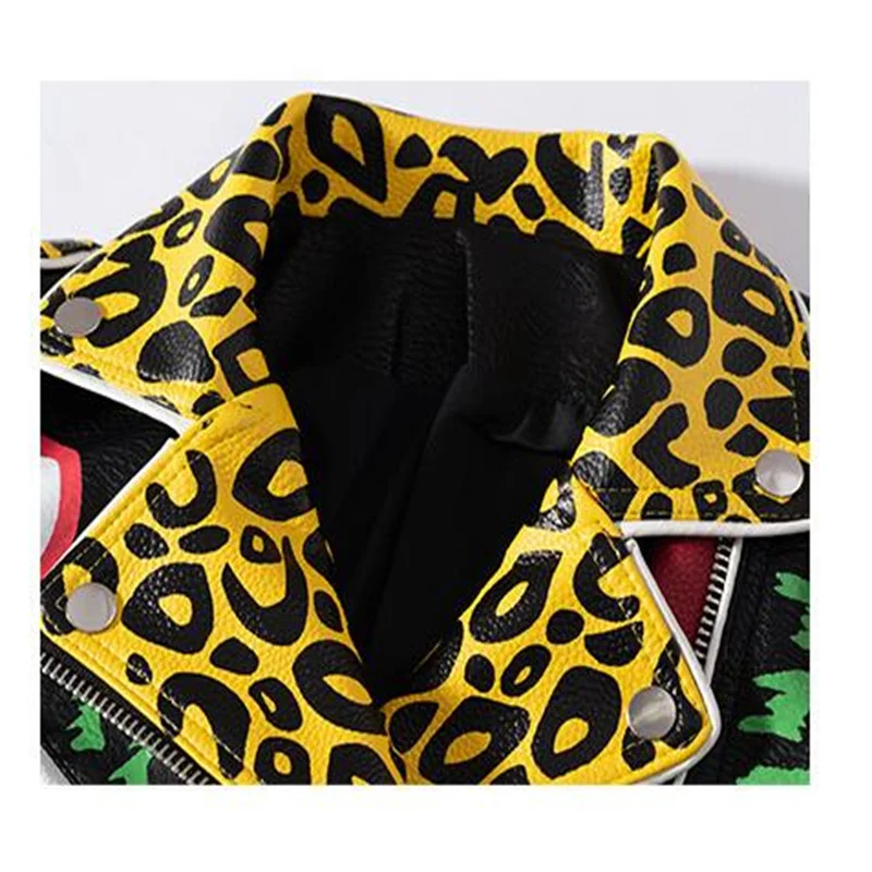 Short rivet leather jacket women's graffiti print motorcycle clothing autumn and winter fashion personality clothes black blue