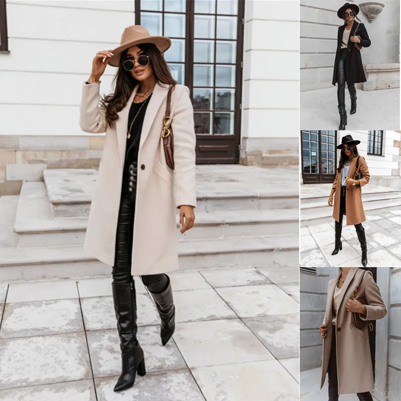 

Autumn and winter solid color lapel long button woolen coat coat for women