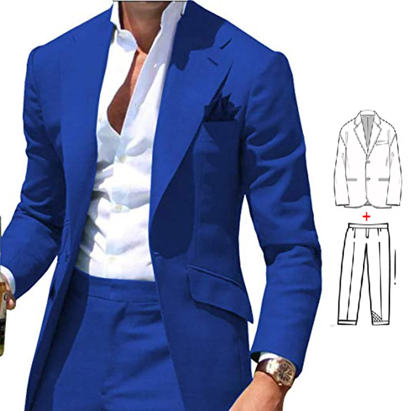 2 Pieces Suit for Men 2023 One Bottons Slim Set Groom Tuxedos Best Man Wedding Formal Suits Custom Made Royal Blue Male Suit