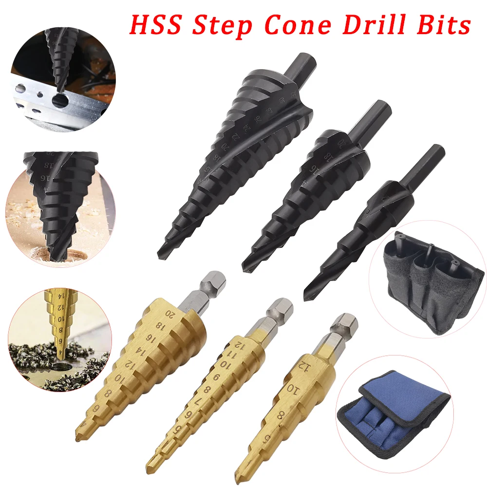 

3Pcs Hex Shank HSS Step Cone Drill Bits 3/4-12/20/32mm Metal Drill Nitride Coated Wood/Metal Hole Cutter Spiral Groove Drill Bit