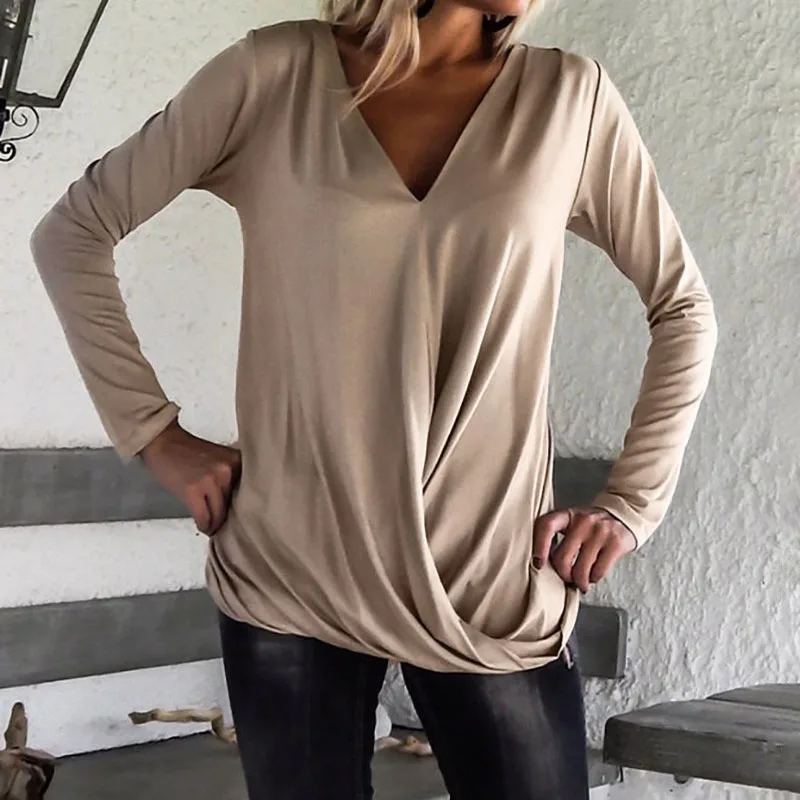 Женская Однотонная футболка с длинным рукавом V-образным вырезом | одежда