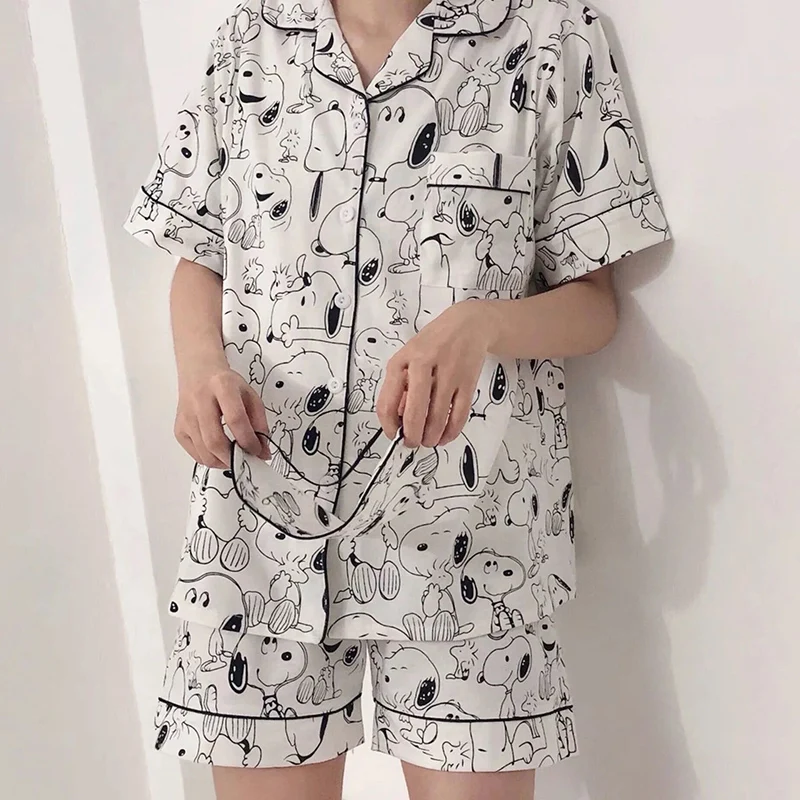 

2022 New Summer Ladies Pajamas Cotton Soft and Comfortable Lapel Cardigan Short-sleeved Two-piece Casual Home Wear