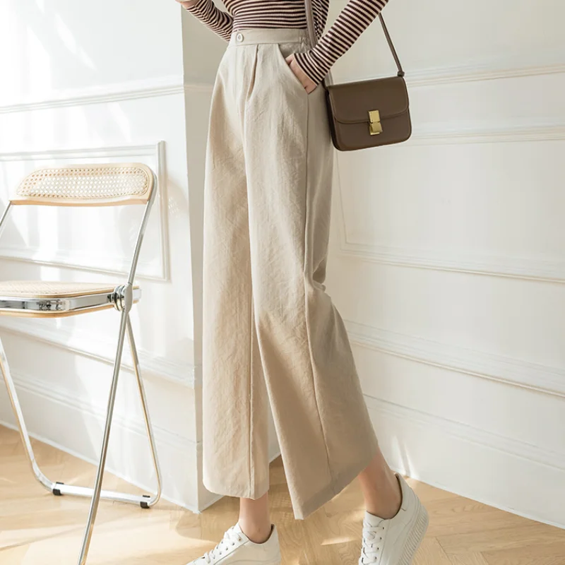 

Women Summer Loose Fashion Button High Waist Pants 2023 Casual Solid Color Cotton Linen Wide-leg Pant Female Spring Trousers Pop