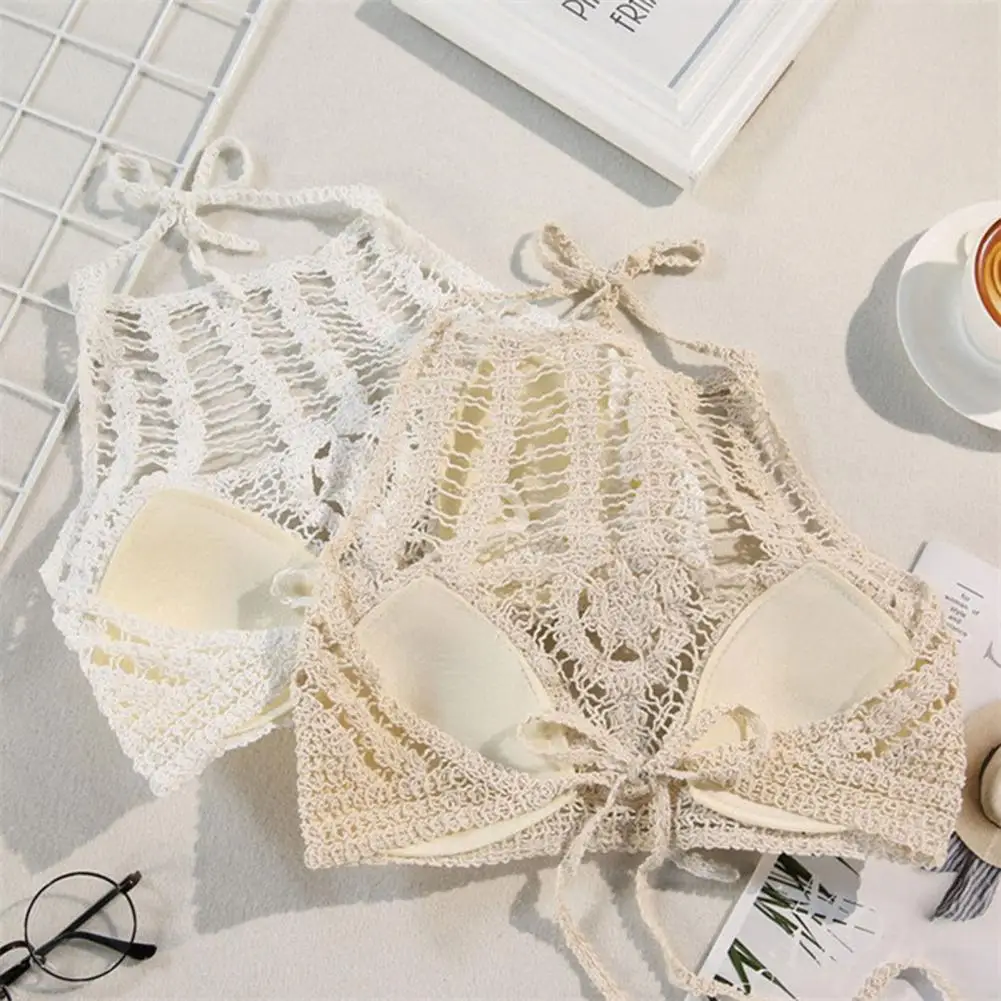 

Ladies Top Off Shoulder Hollow Knit Vest Short Style Knitted Top