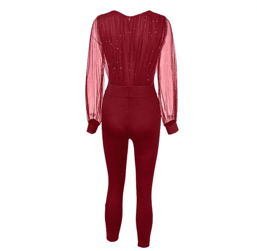 Womens Elegant Sequins Mesh Glitter Jumpsuit New Spring Rompers Party Night Autumn Female Solid Casual V-neck Full Length Pants
