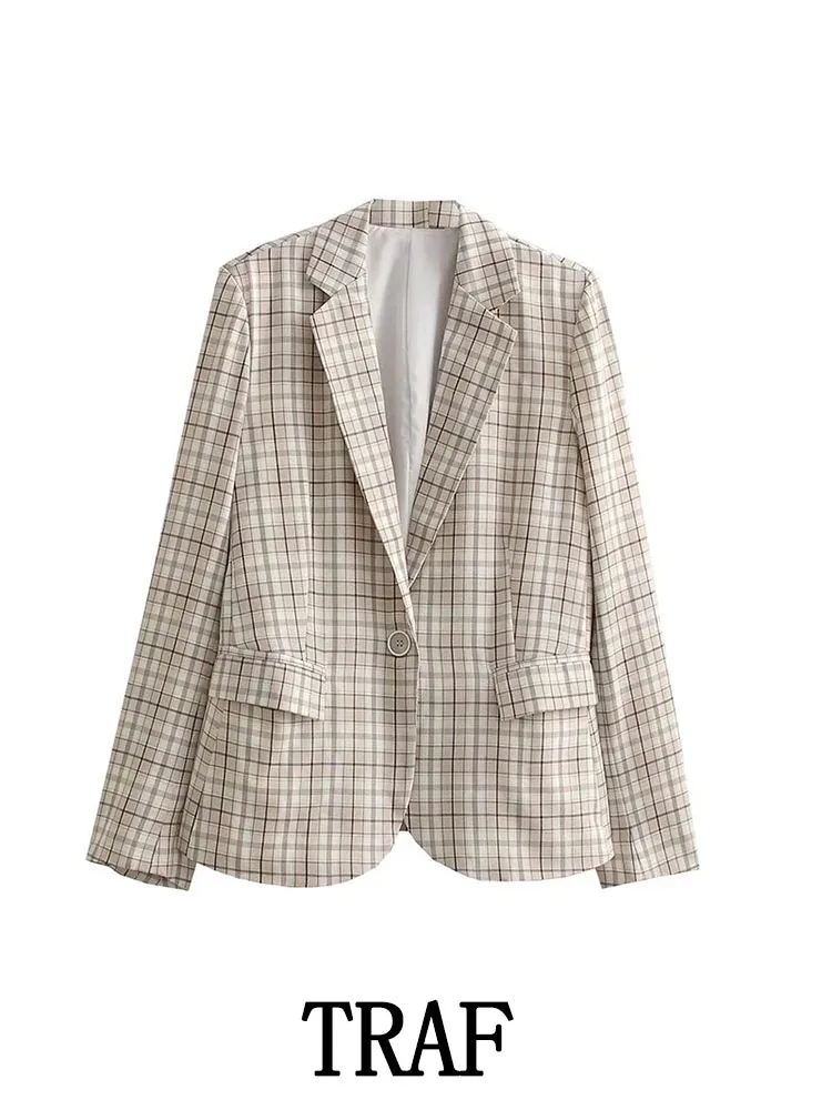 

TRAF ZA&ree 2022 Woman Blazer Fashion Khaki Check Suit Jacket Temperament Suit Women Chic Elegant Office Outerwear Suit Coats