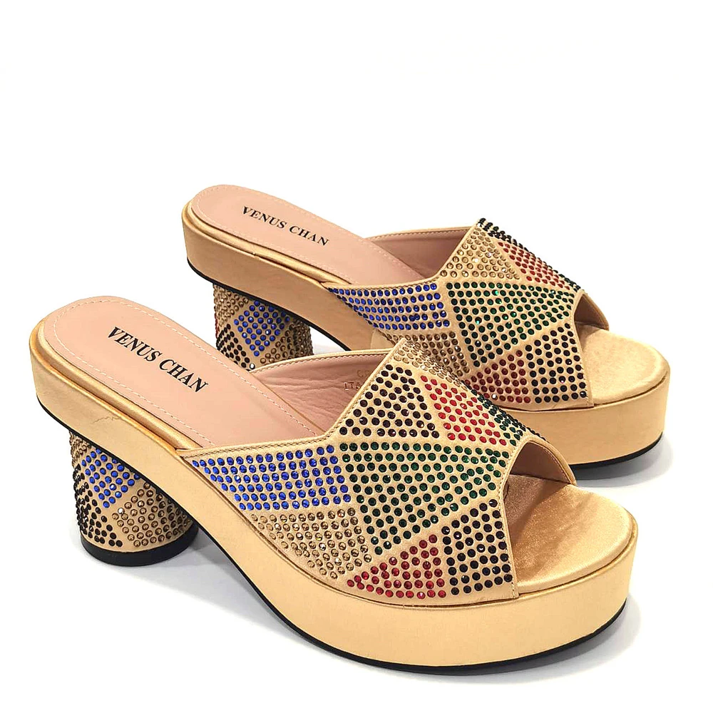 

Doershow Latest Italian Lady Sexy High Heels Pumps Decorated with Rhinestones Italian Design Gold Color African Sandals HFG1-31