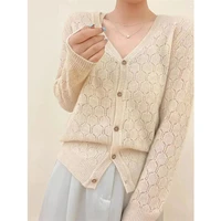 2022 french hollow pure wool knit ladies cardigan summer new v neck fashion thin air conditioning shirt casual sweater top